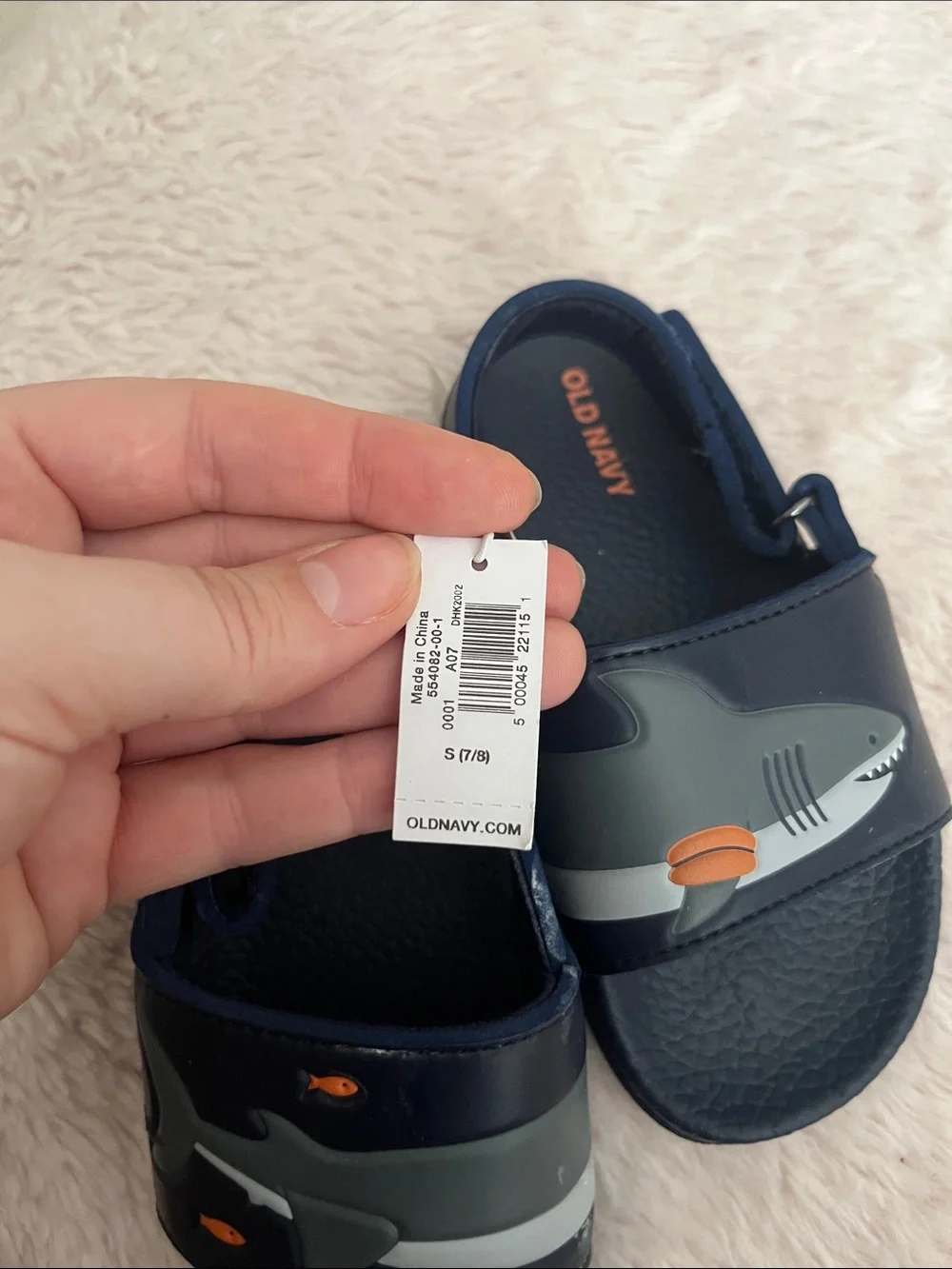 Old Navy Navy and Gray Shark Slide Sandals with Orange Accents